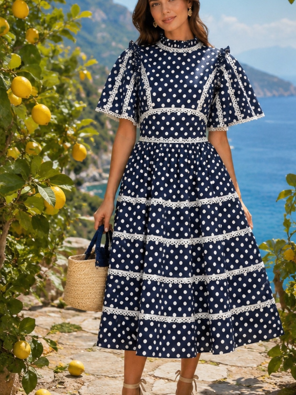 Navy Polka Dot Lace-Trim Midi Dress